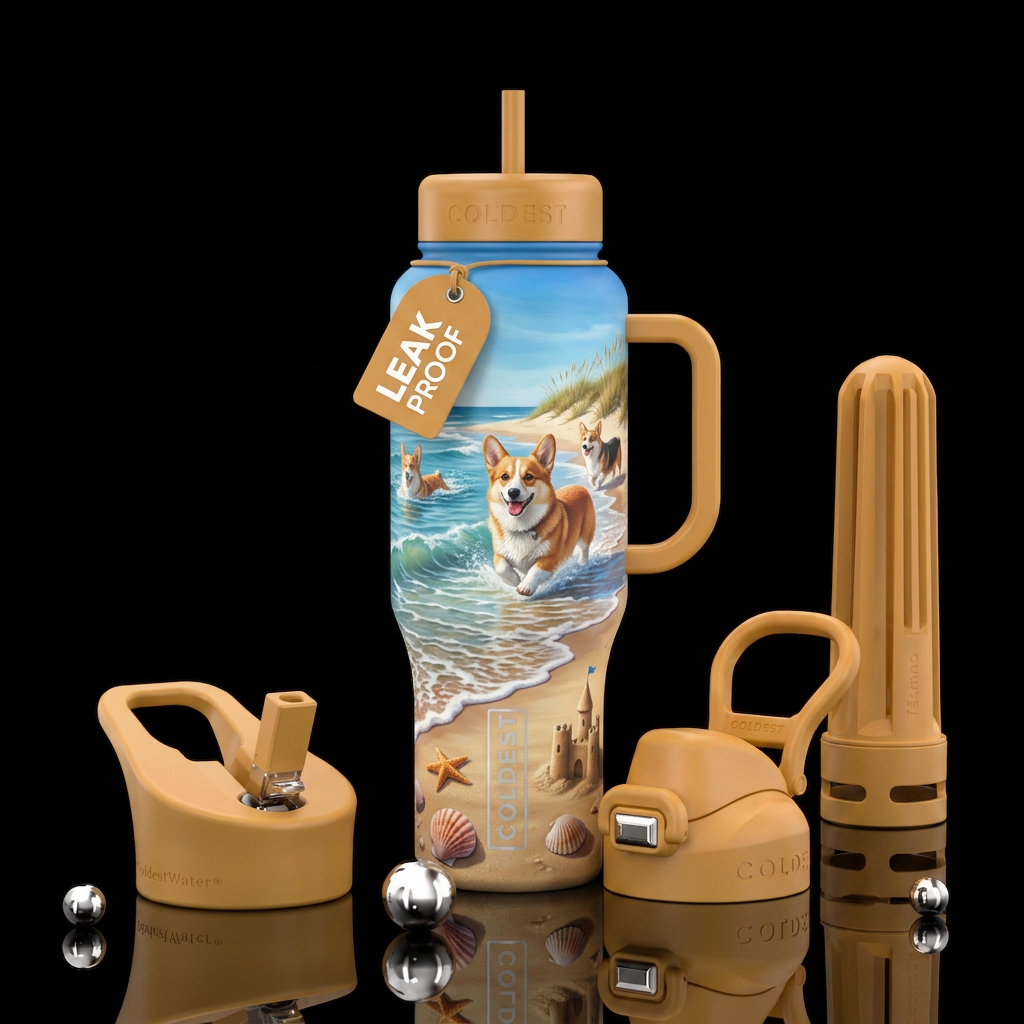 A real corgi day at the beach water bottle design