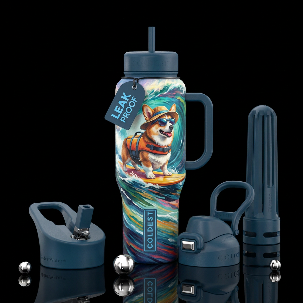 A real corgi surfing a wave, life vest, shades a h... water bottle design