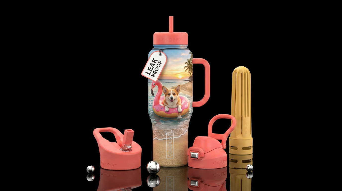 A real Corgi floating in a flamingo donut, beach water bottle design