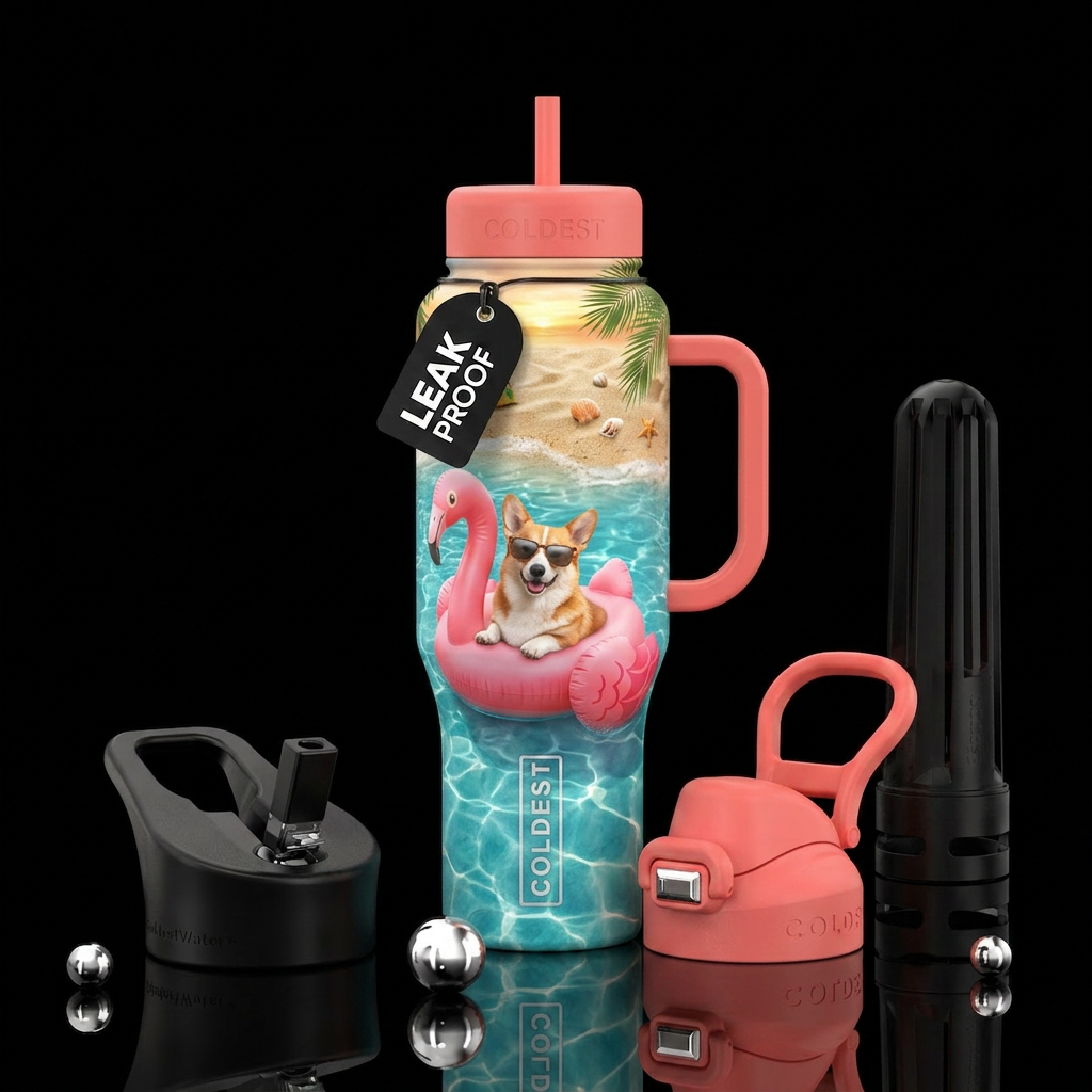 A real Corgi, beach, flamingo tube, floating water bottle design