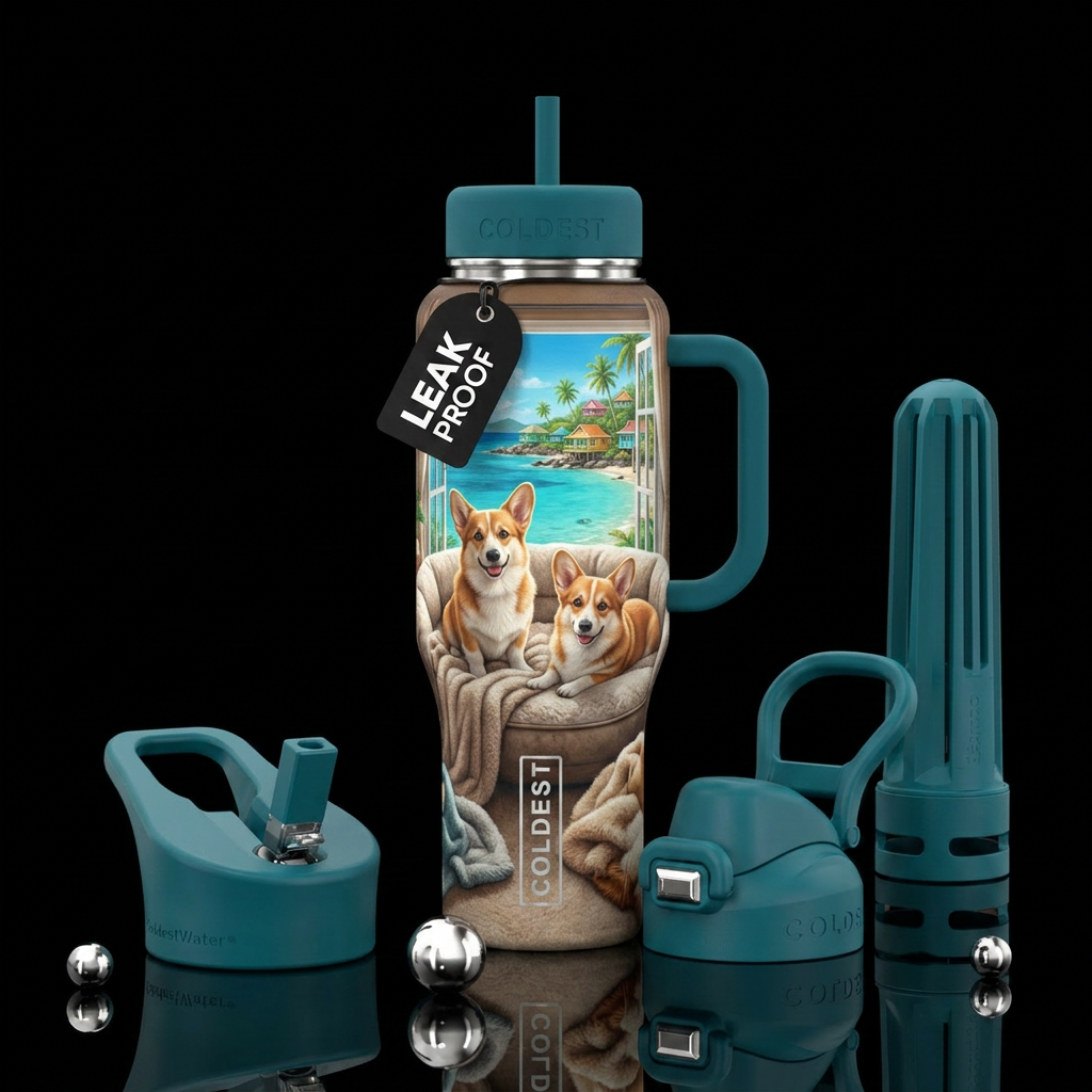Dog bed, 2 Corgis, window Caribbeans & lodges water bottle design