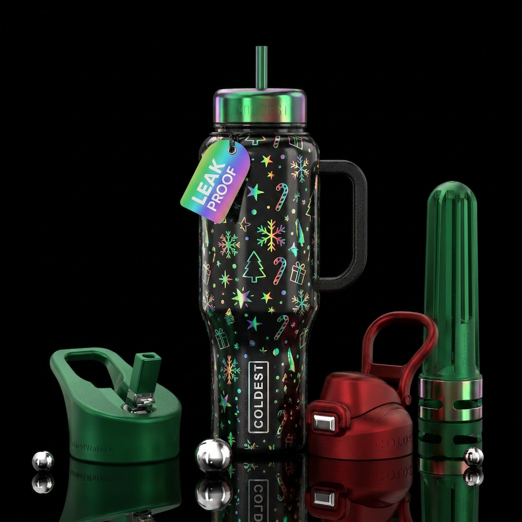 Holographic Christmas on black background. water bottle design