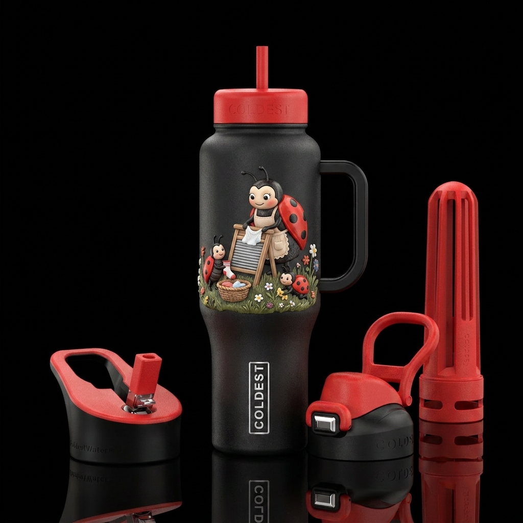 Ladybug doing laundry w/ 2 babie ladybugs, beautif... water bottle design
