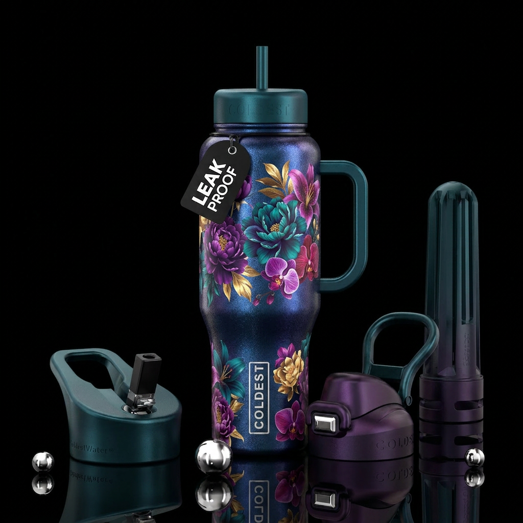 Floral, dark shimmer, water bottle design