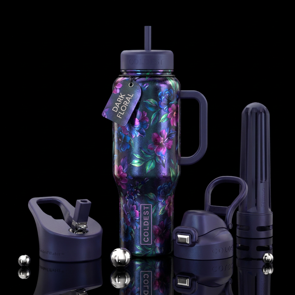 Dark shimmery,  floral, gorgeous water bottle design