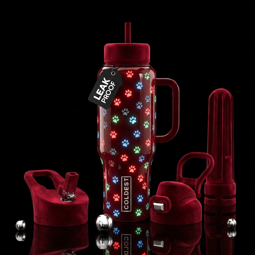 Red velvet, glowie paw prints, shiny water bottle design