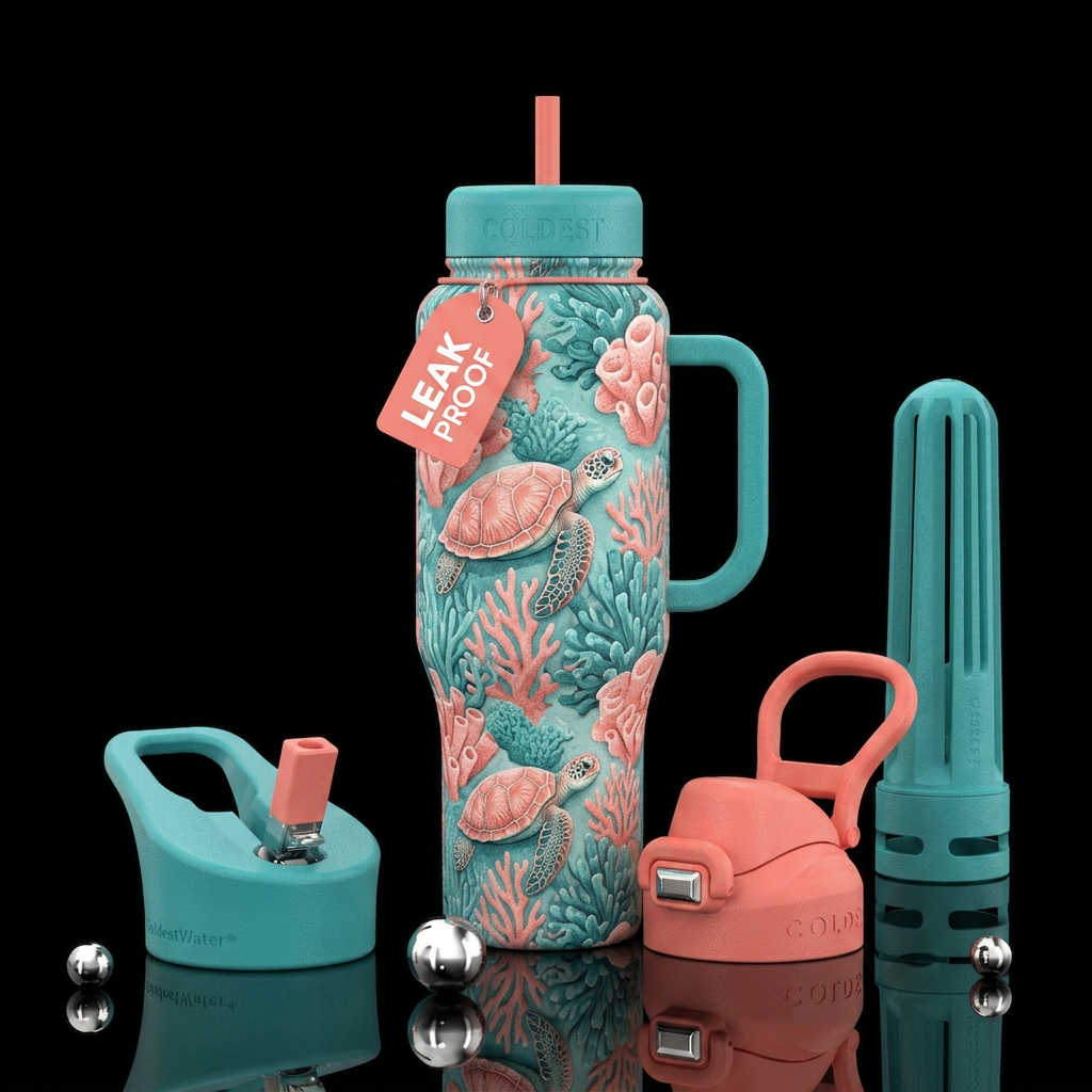 coral & Teal  colored  sea turtle,  coral, texture... water bottle design