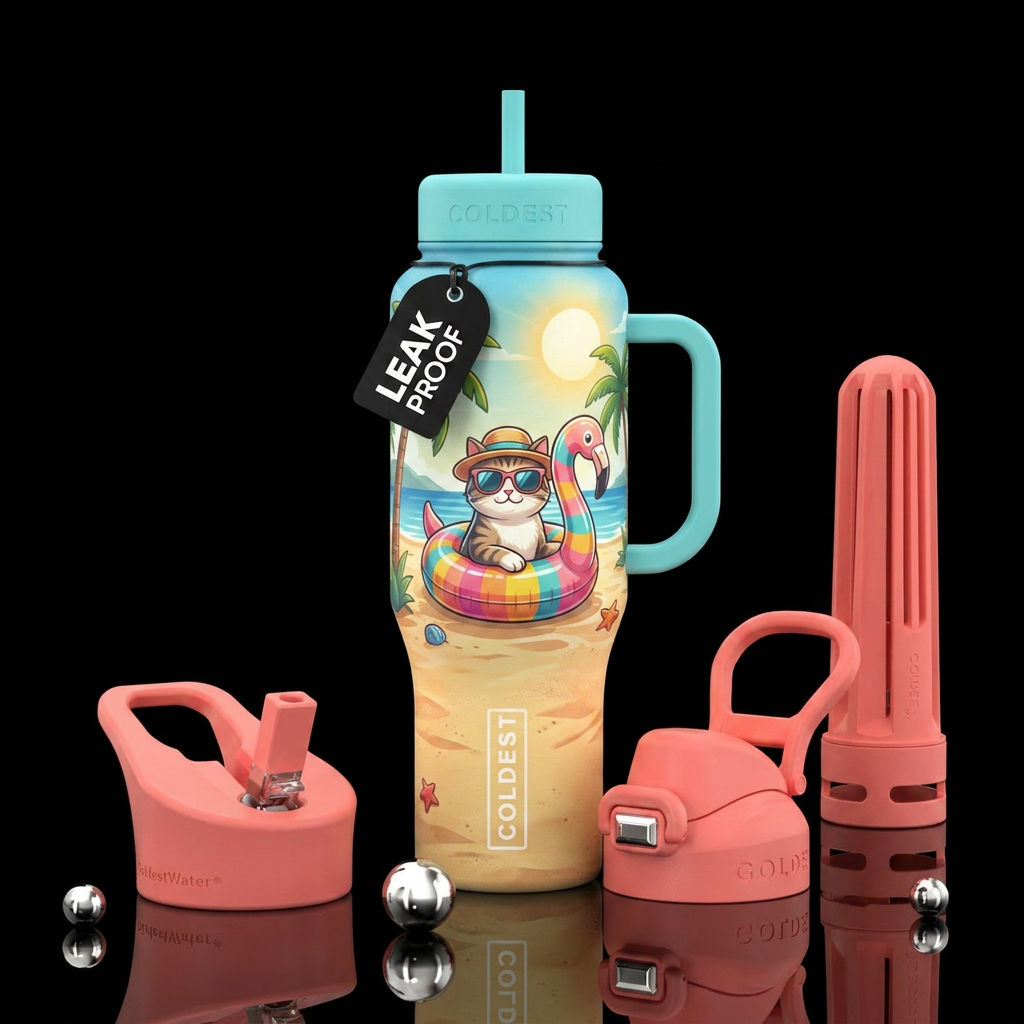 Cat, beach, floaty, shades, hat, fun water bottle design