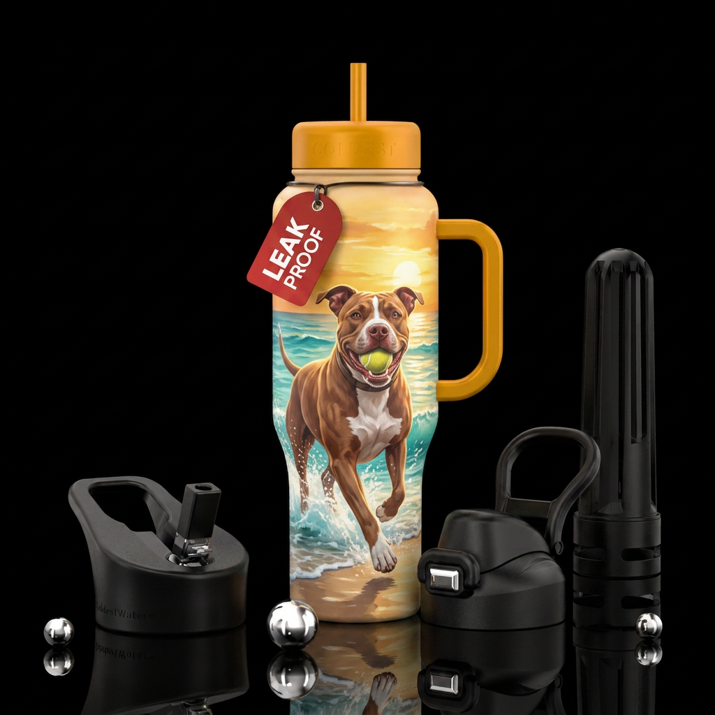 Pitbull day on the beach, Ball, play water bottle design