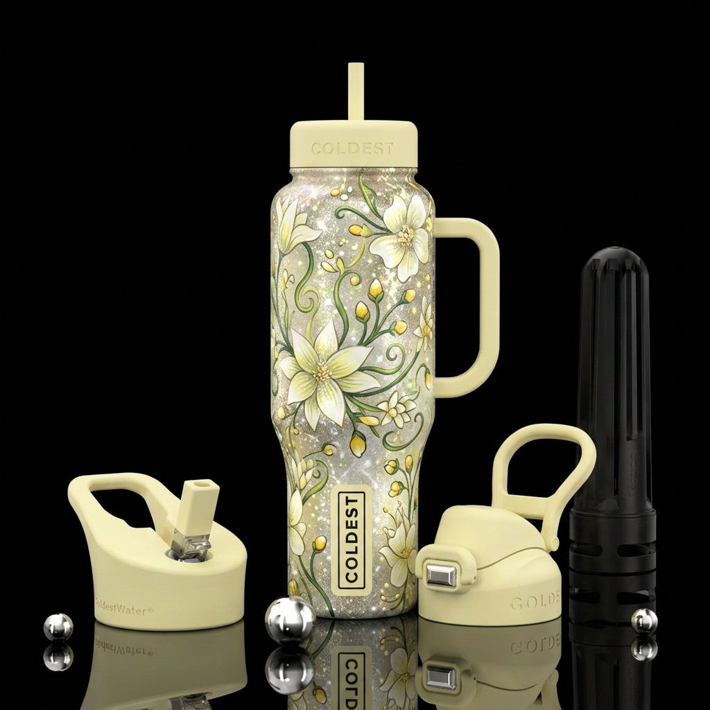 Call backgroundWhitish yellow floral, light shimme... water bottle design