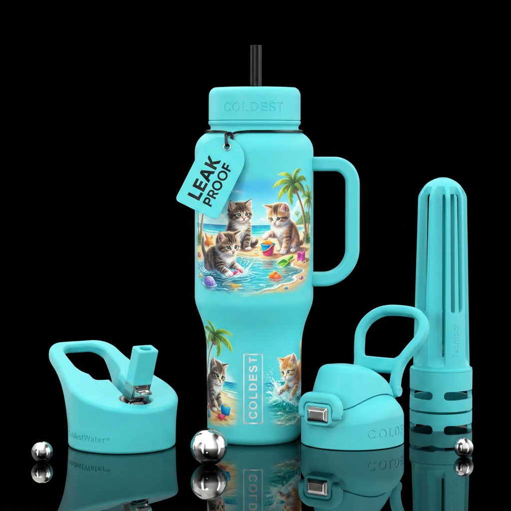Kitten day at the beach, playing in water, fun water bottle design