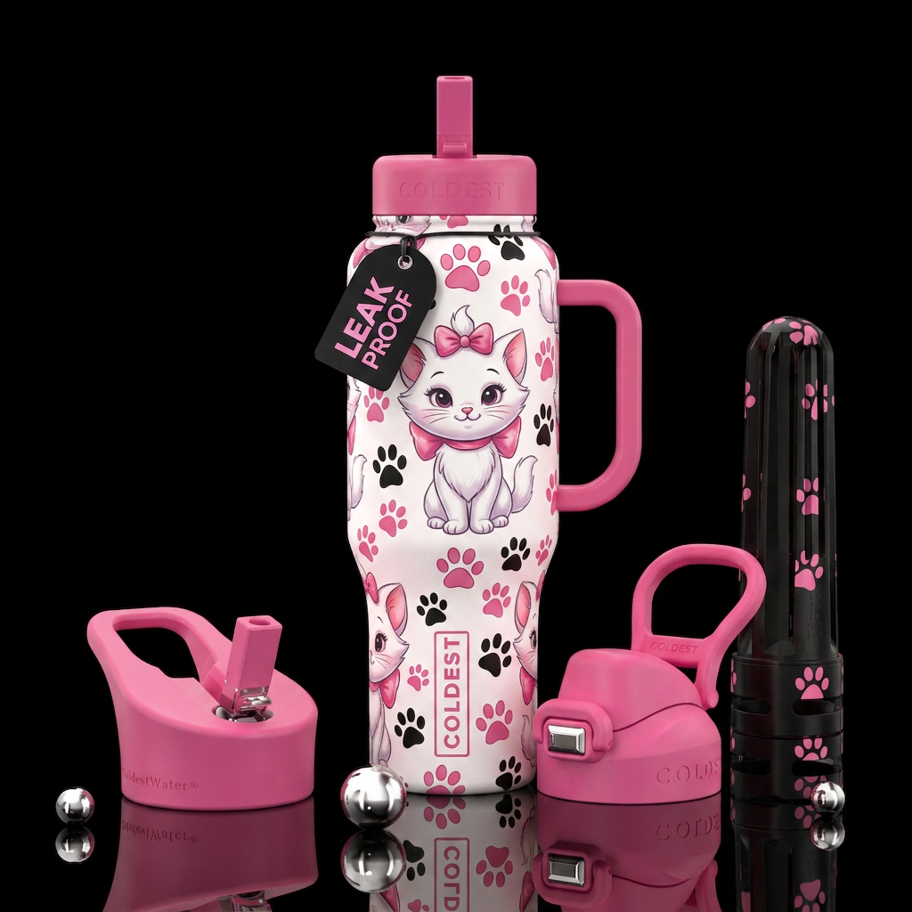 Kitty, pink bow, pink & black paw prints water bottle design