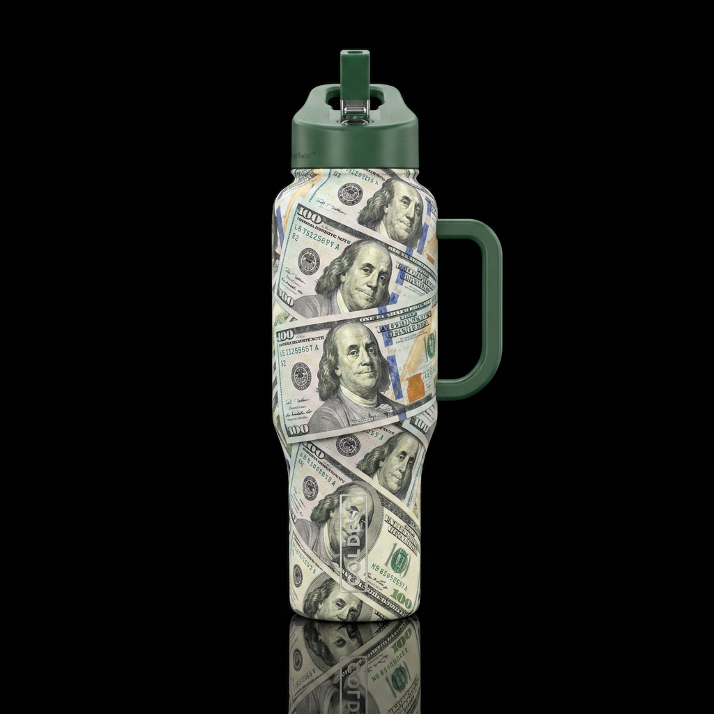 100 bill, vibrant water bottle design