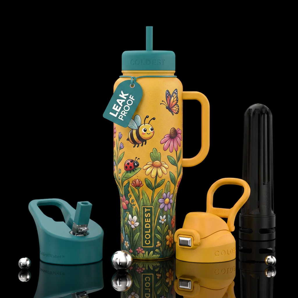 Toon Bee, ladybug,  butterfly & flowers, textured water bottle design