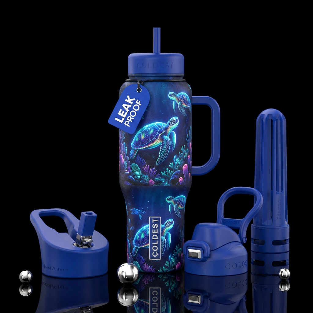 Sapphire Marvel sea turtles vibrant glowing water bottle design