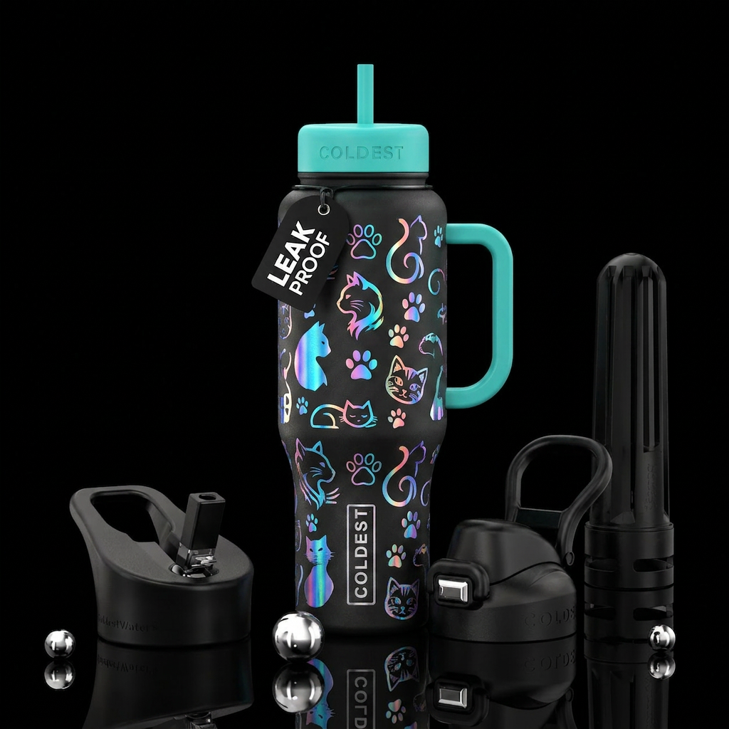 Holographic cats water bottle design