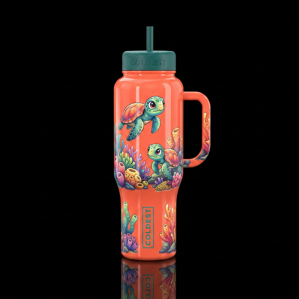 2 Toon baby sea turtles,  coral water bottle design