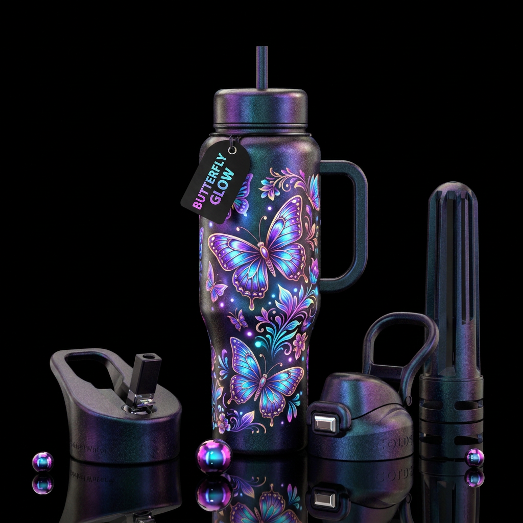 butterfly, dark shimmer, modern, beautiul, glowie water bottle design