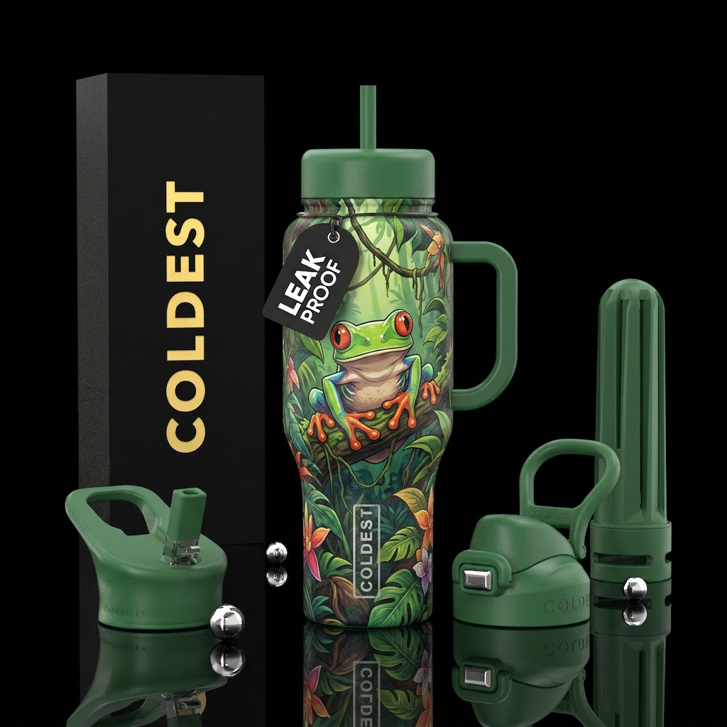 Red eyed tree frog water bottle design