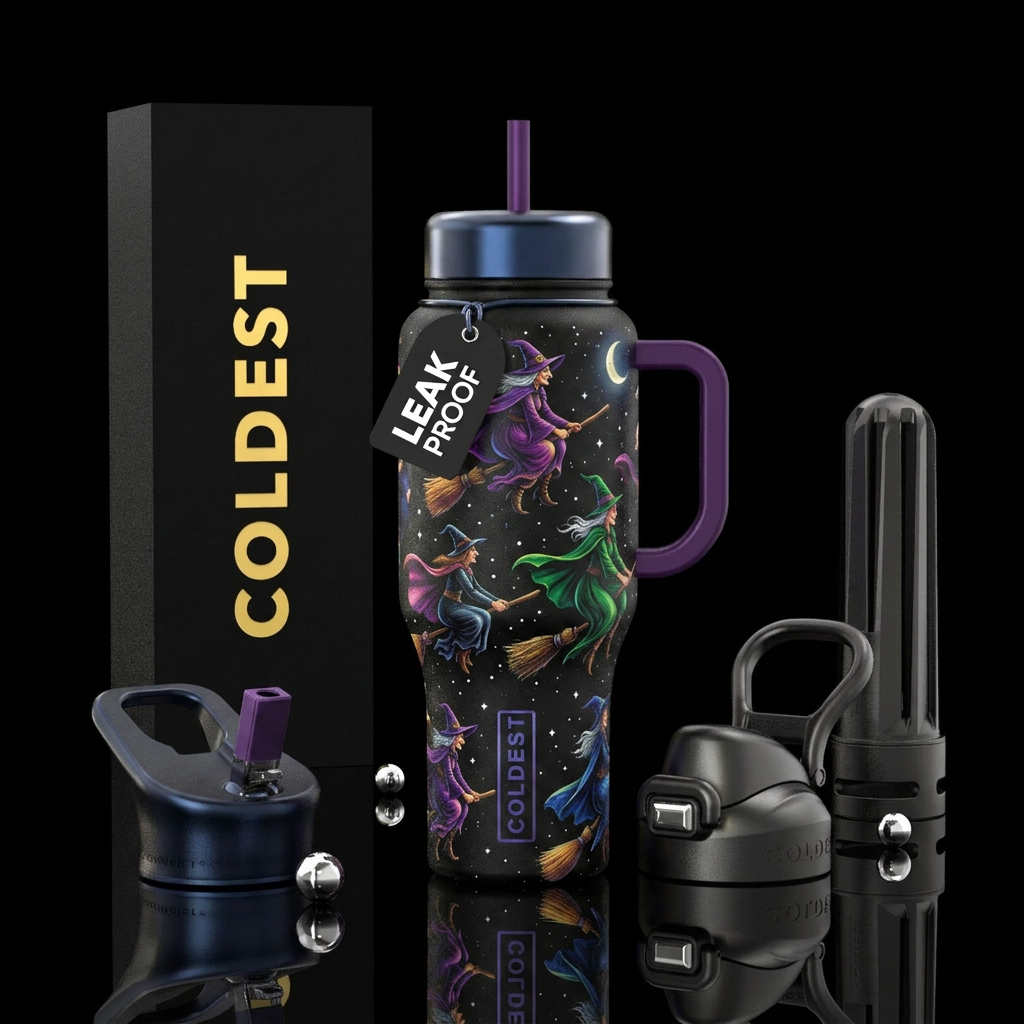 Witches on broom flying water bottle design