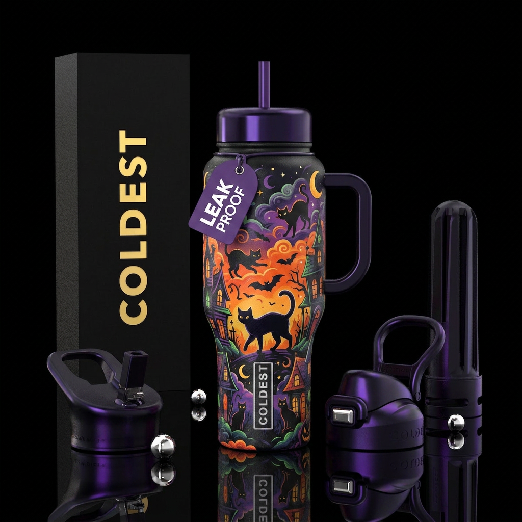 Haunted houses black cat water bottle design
