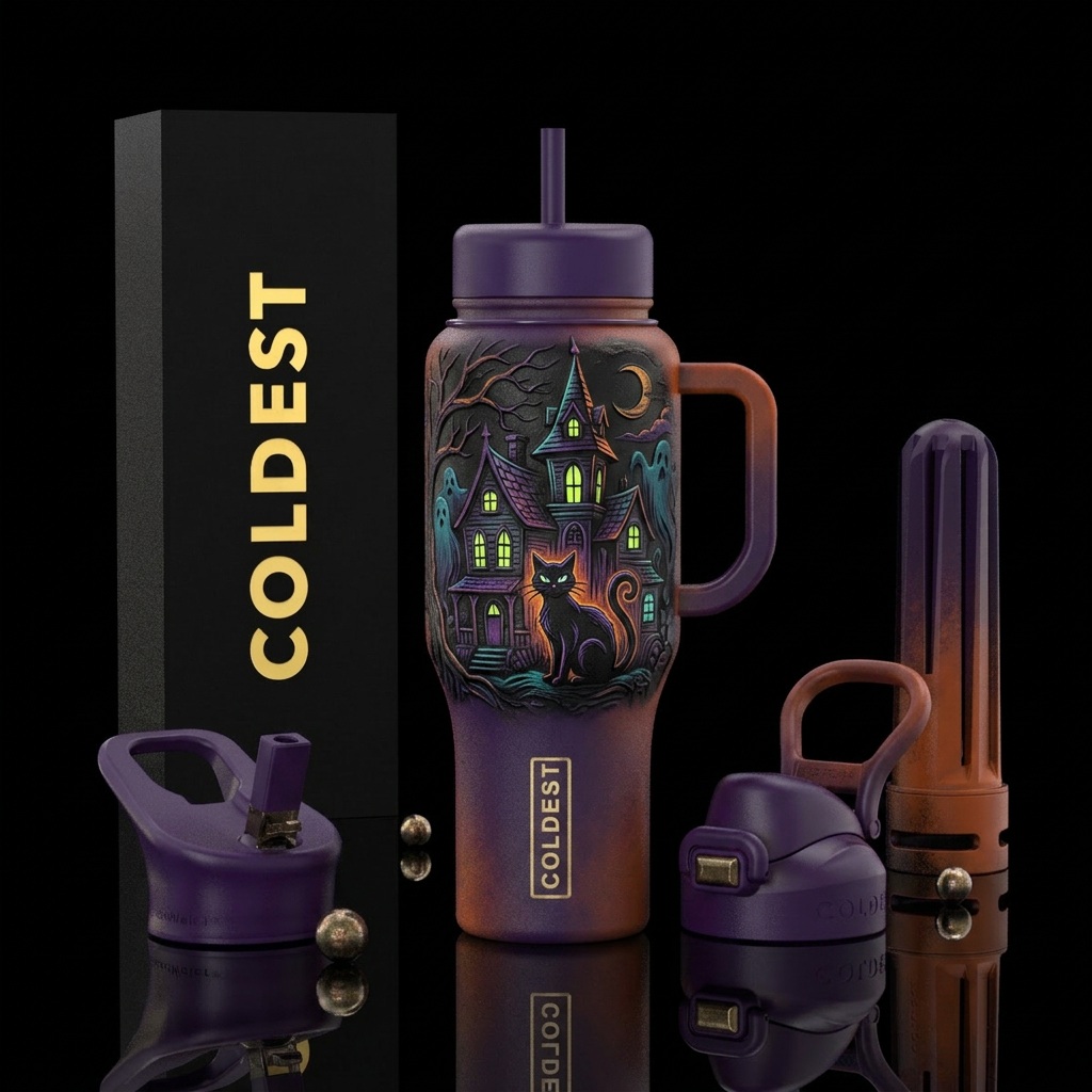 Haunted houses black cat water bottle design