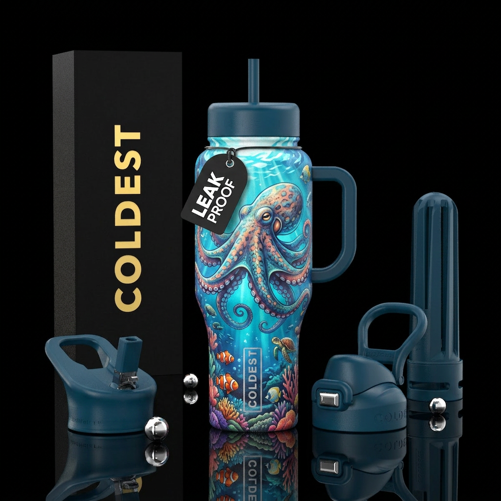 Octopus swimming in ocean water bottle design