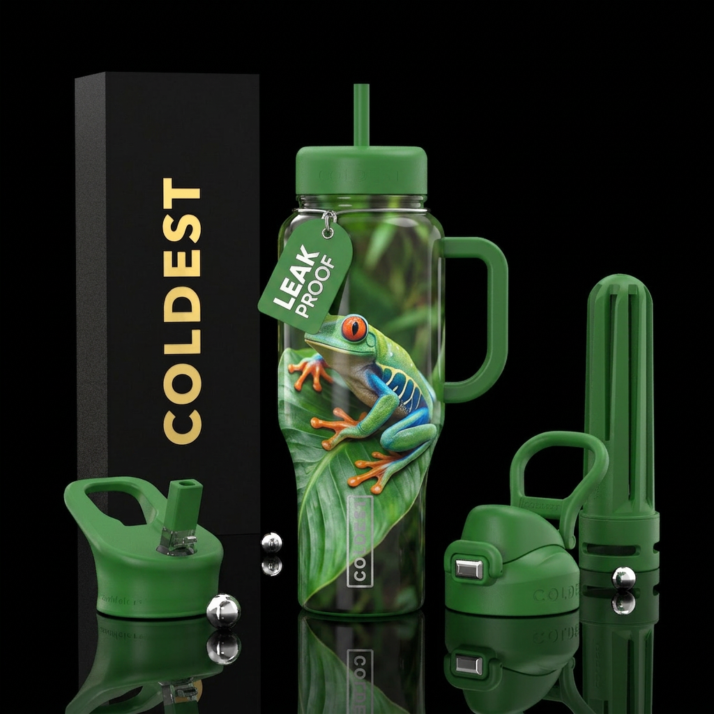 Red eye tree frog in jungle water bottle design