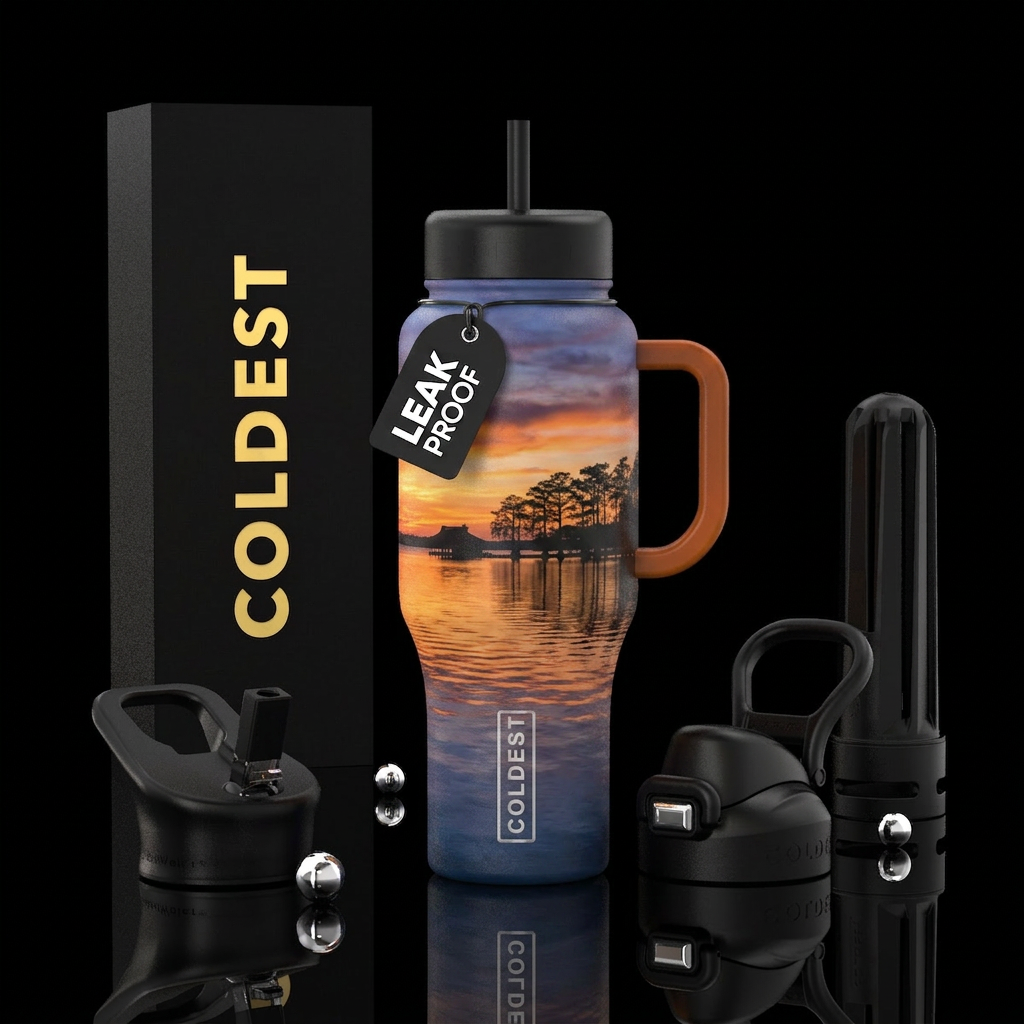 Sunset in Texas at the lake water bottle design