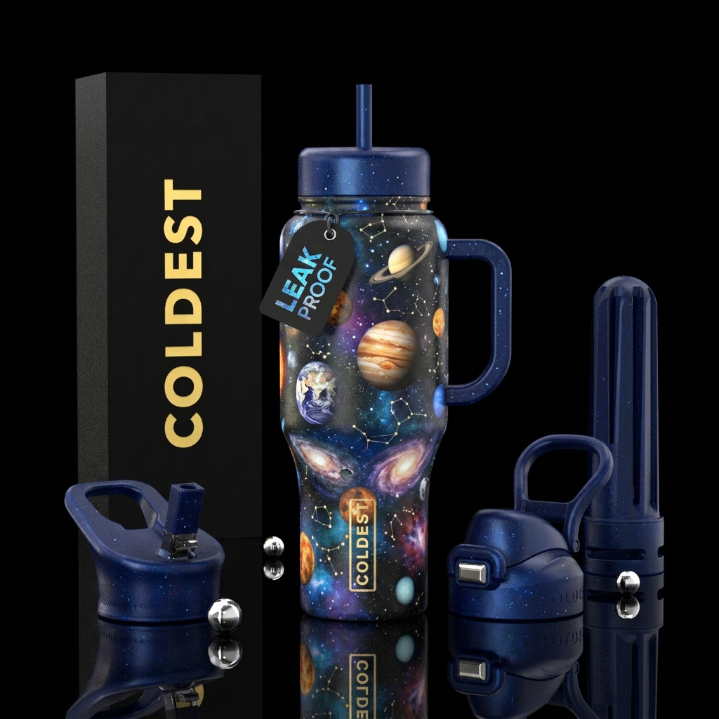 Collage of planets water bottle design