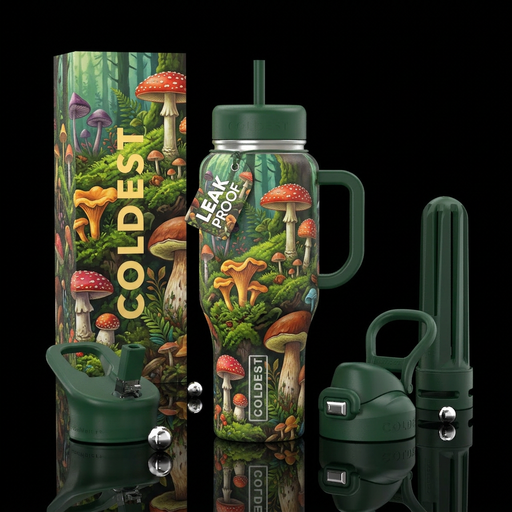 Mushrooms in the forest water bottle design