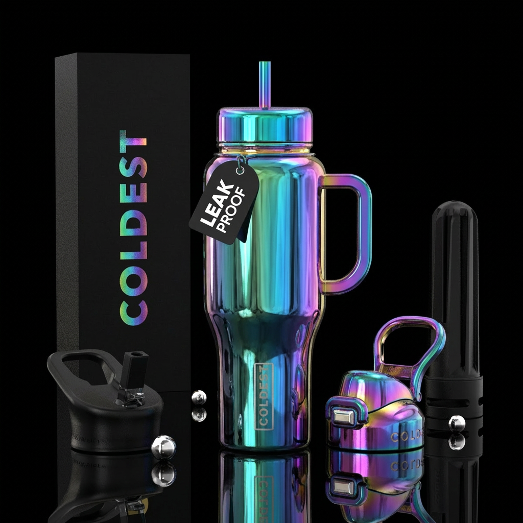 Fun house mirror, shiny, irridescent water bottle design