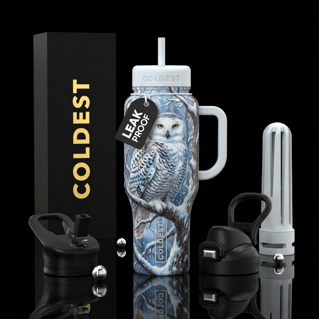Snowy owl in tree, realism water bottle design