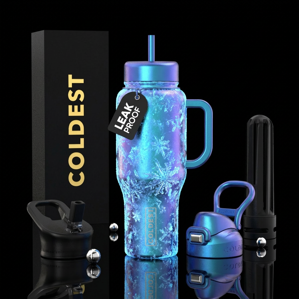 Iridescent blue that is flocked with glowy ice cry... water bottle design