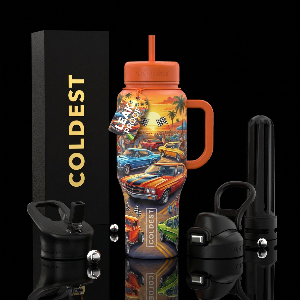 Summer car show, realism water bottle design
