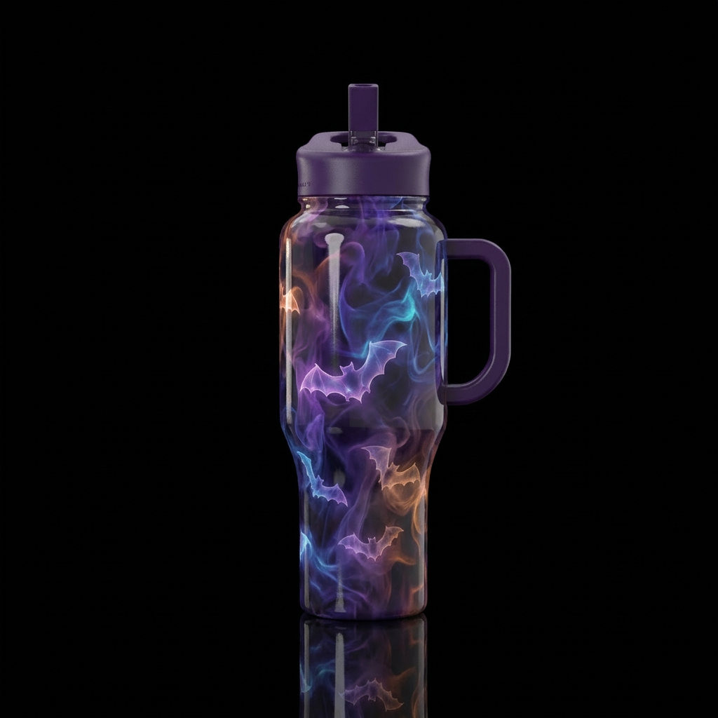 3D haunted mist with glowy bats water bottle design