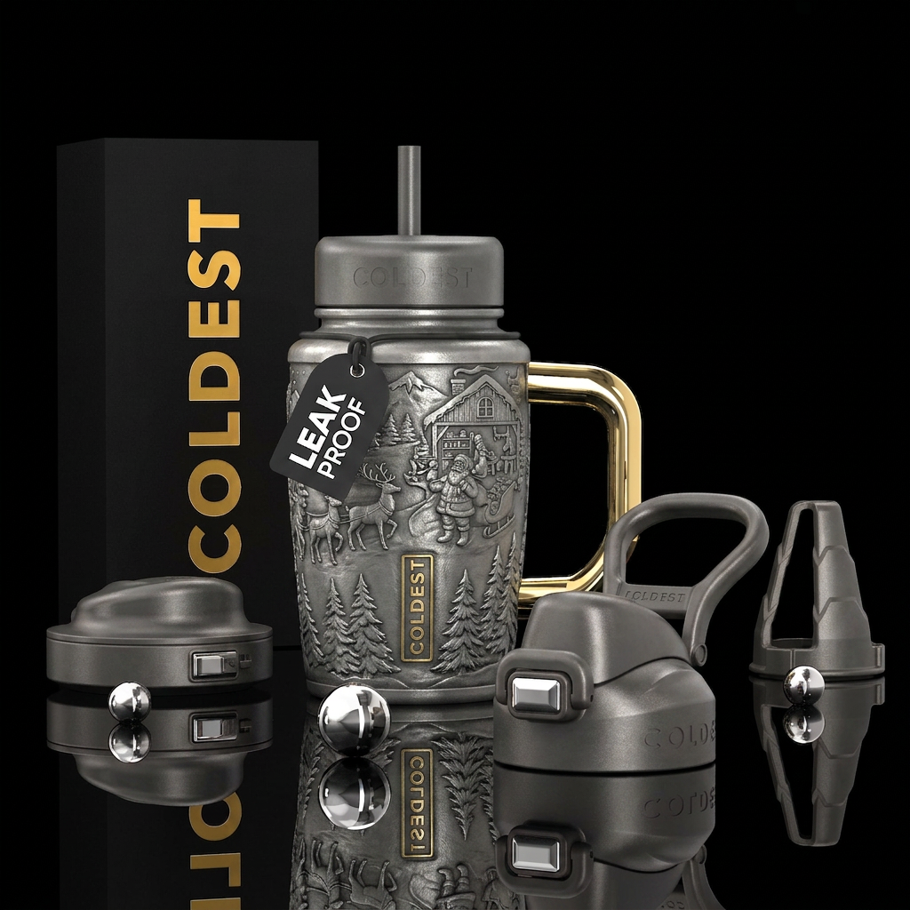 Tumbler is Santa's hand carved pewter hot cocoa mu... water bottle design