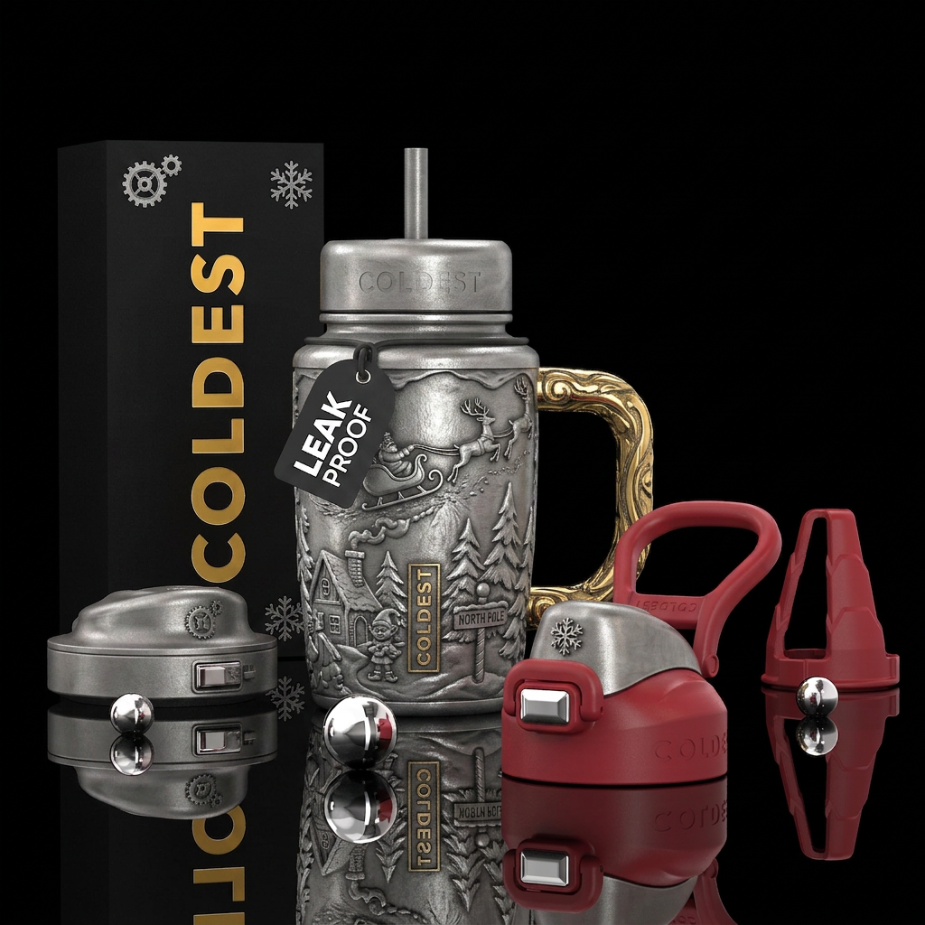 Tumbler is Santa's hand carved pewter hot cocoa mu... water bottle design