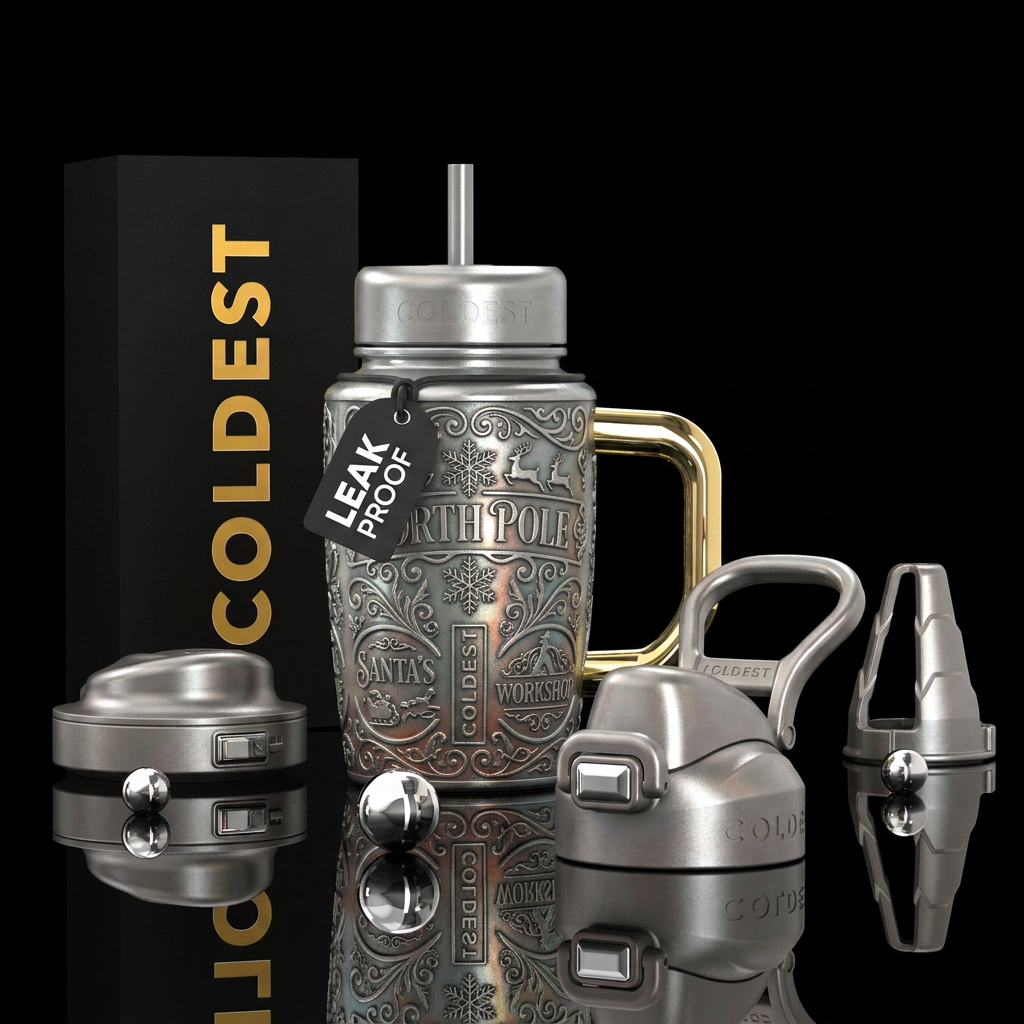 Tumbler is Santa's hand carved pewter hot cocoa mu... water bottle design