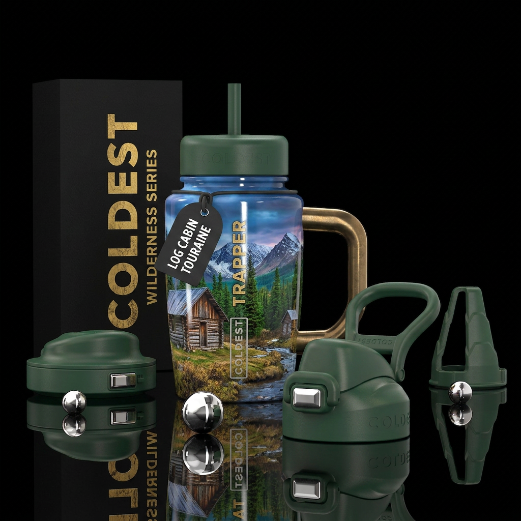 Trappers cabin in the Alaskan wildrd water bottle design