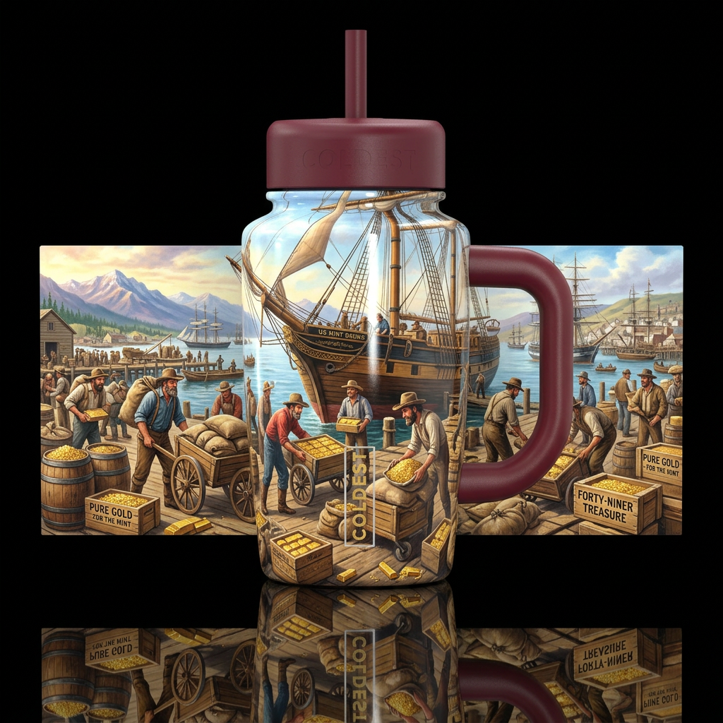 Loading gold from the gold rush of 1849 onto a shi... water bottle design