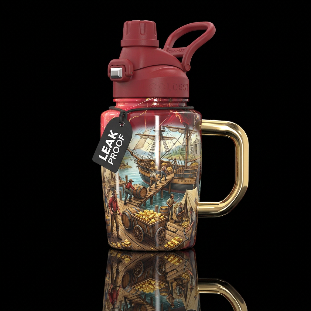 Loading gold from the gold rush of 1849 onto a shi... water bottle design