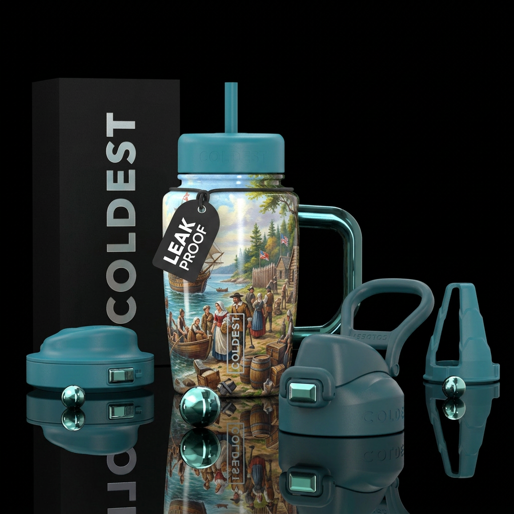 Settlers arriving into the New World water bottle design