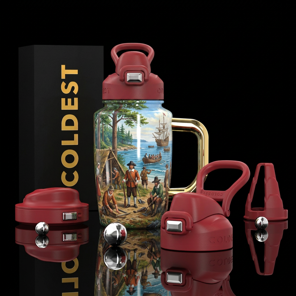 Settlers arriving into the New World water bottle design