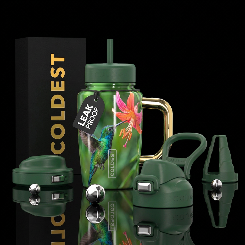 Close up of a hummingbird sipping nectar from a fl... water bottle design