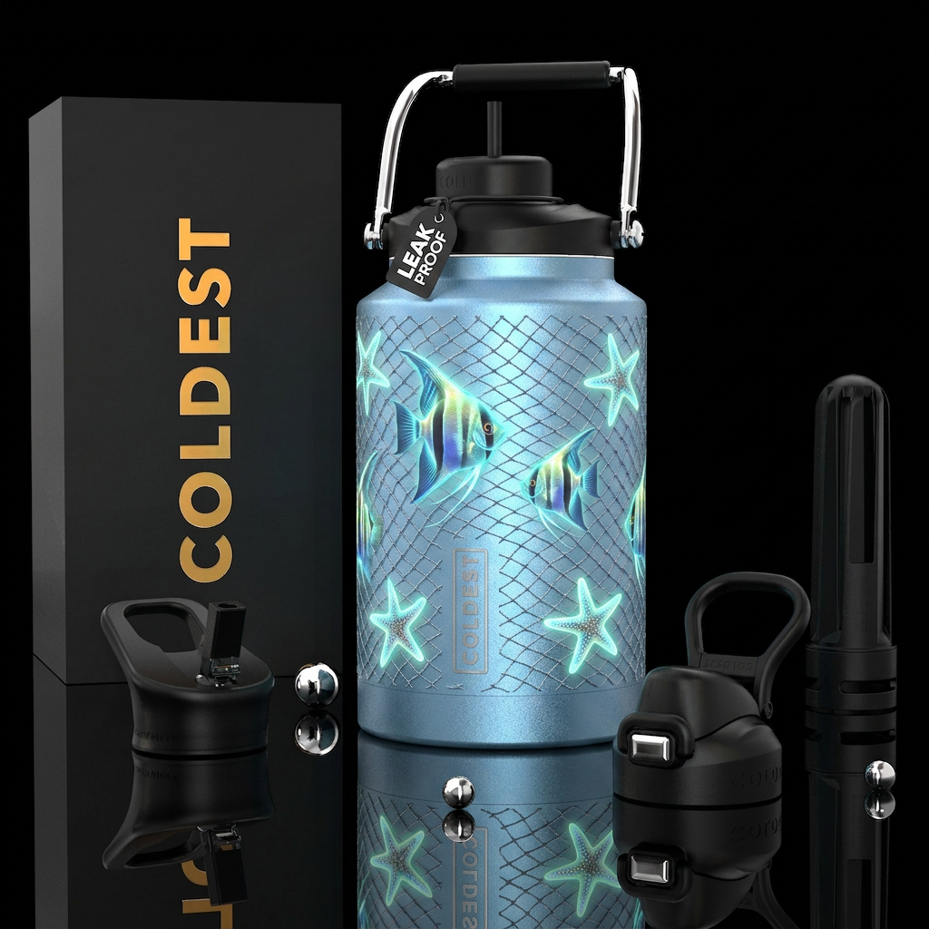 Baby metalic blue with fishing net and glowy Angel... water bottle design