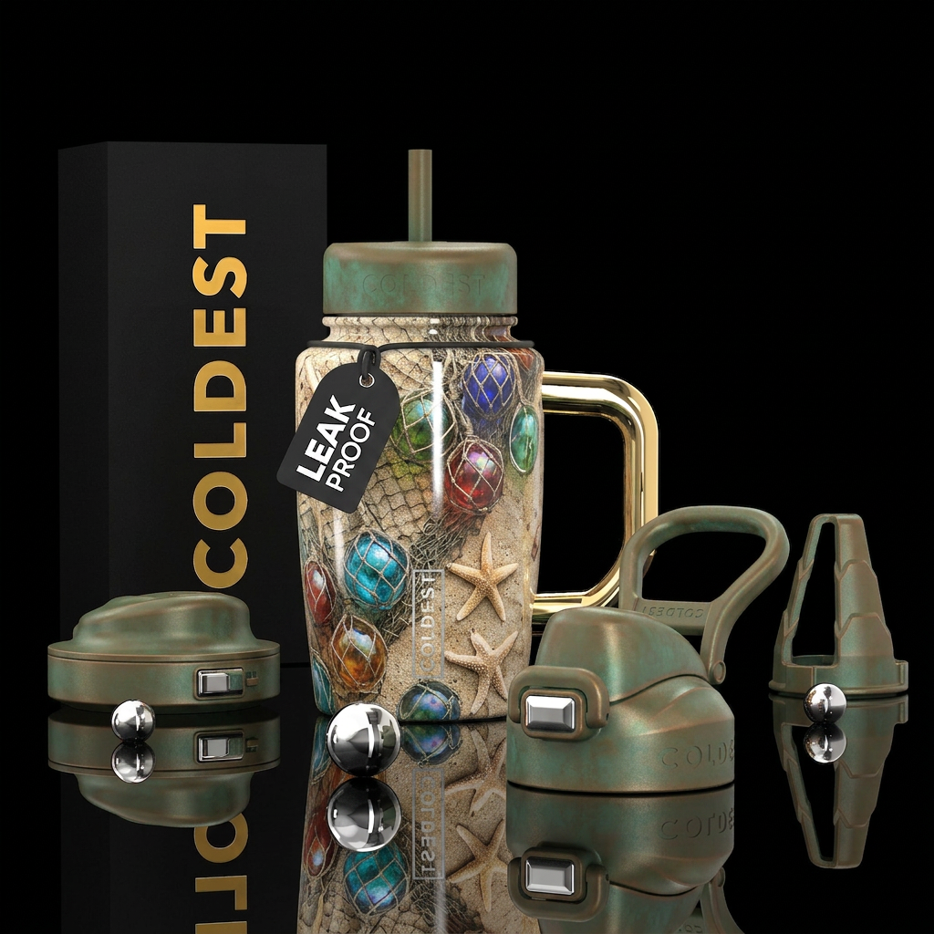 Beach sand with fish netting and multi colored han... water bottle design