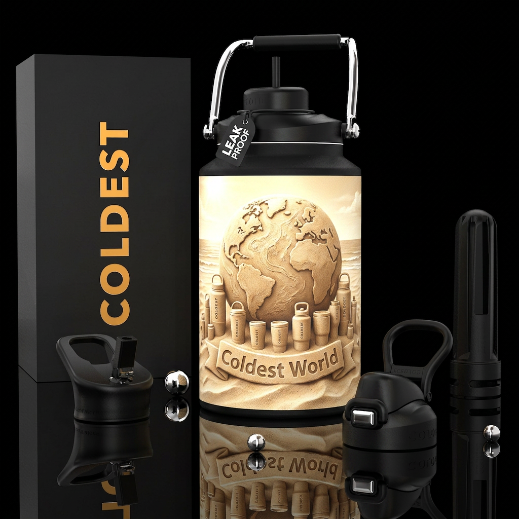 Beach with sand sculpture of an earth globe with b... water bottle design