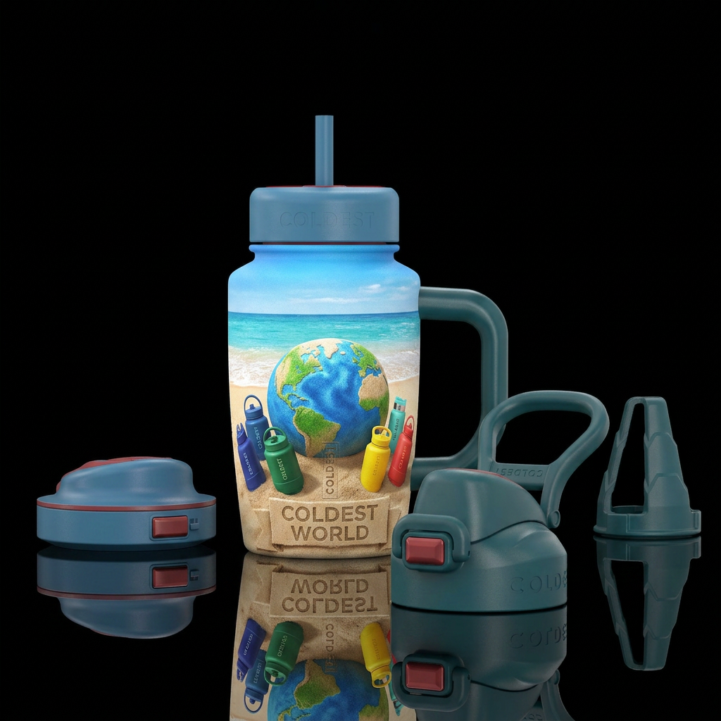 Beach with blue sky with a sand sculpture of an ea... water bottle design