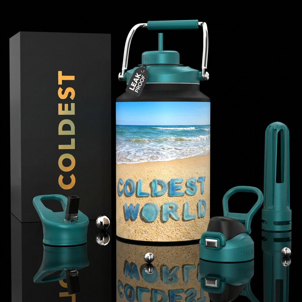 Sandy beach with blue sky ocean in the background ... water bottle design